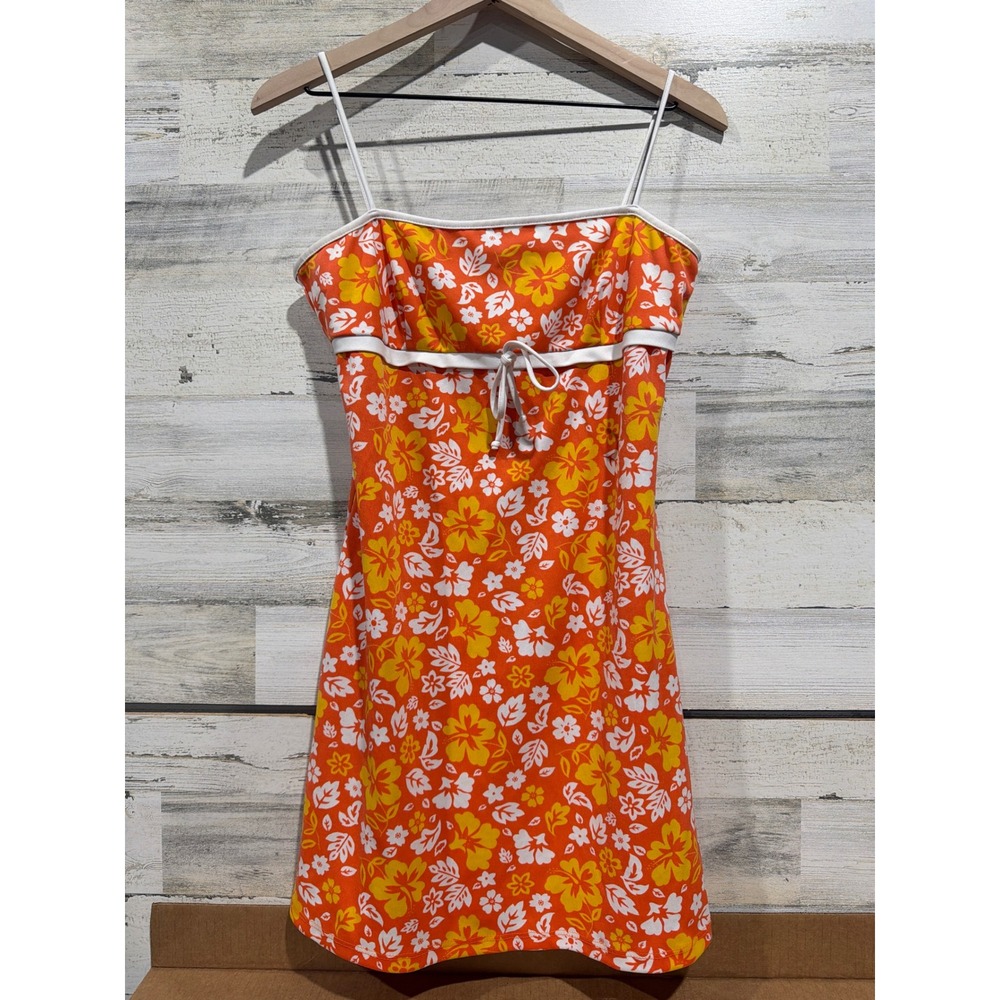 Y2K Status Mini Dress Women Large Orange Floral Tropical Coconut Girl EUC
